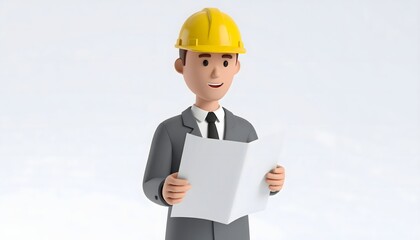 Cartoon Engineer Reading Document on White Background