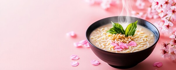 Steaming Noodle Bowl with Pink Sakura Blossoms, Asian food, spring cuisine