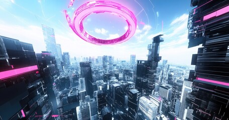 Futuristic cityscape with glowing rings and technological structures. Elevated aerial view of a modern metropolis with advanced architecture. Digital rendering of a high-tech city