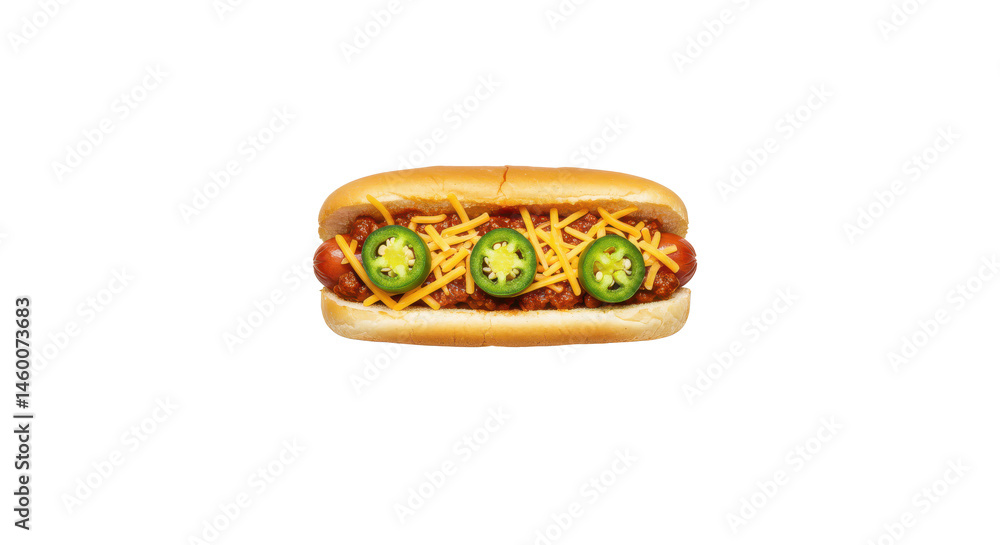 Poster a hot dog topped with chili and jalapenos presented on a neutral background in a close up view image