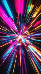 Vibrant, dynamic, exploding burst of neon light rays