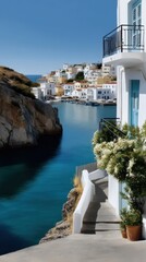 Picturesque Coastal Village with White Buildings and Turquoise Water on a Sunny Day