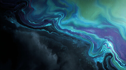 Abstract teal, purple, and black paint swirls create a dynamic, flowing texture resembling a nebula or cosmic landscape, ideal for design backgrounds