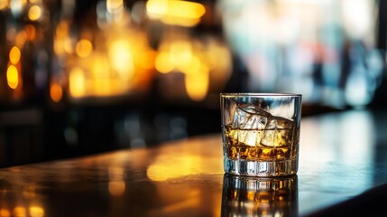 Glass of whiskey on bar counter for drink alcohol nightlife mood evening celebration classic elegant