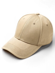 Fototapeta premium A beige baseball cap with visible stitching and a curved brim, placed on a white background.