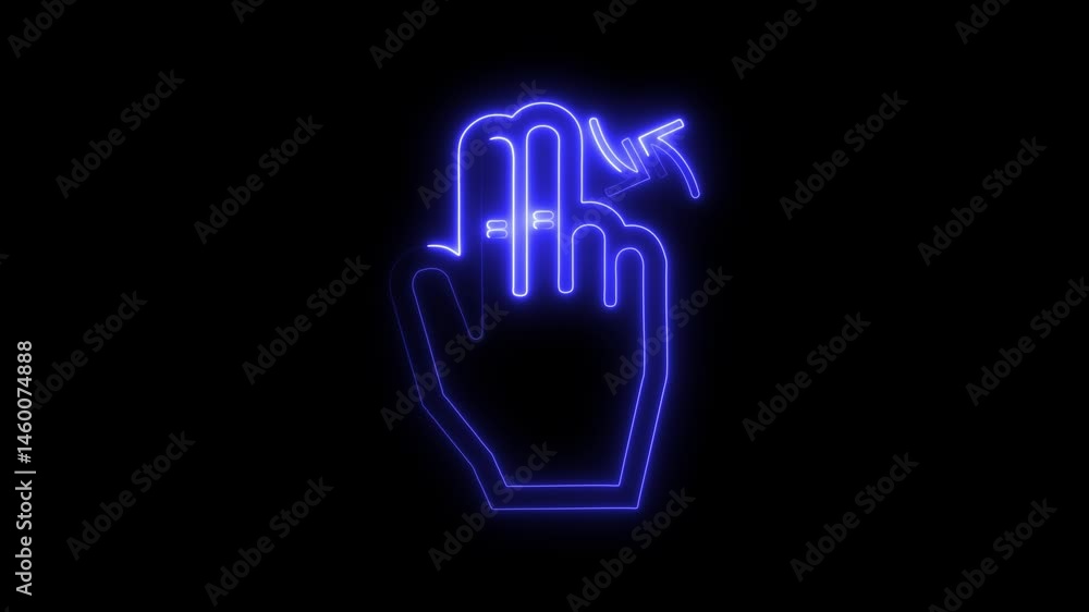 Poster neon hand tap gesture animation on black background for user interface design