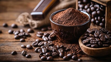 Coffee powder and beans on wood table for aroma cafe background energy roasted drink brown grain