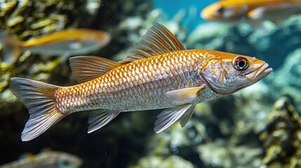 Fototapeta premium Orange and white fish swims in clear water, surrounded by rocks and other fish