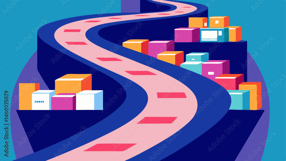 Poster store shelf barrier a winding path blocks shoppers with tall stacked store shelves filled with color
