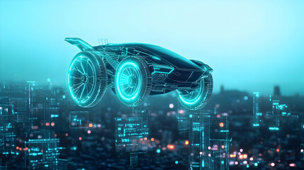 Digital Futuristic Car Hologram Over Cityscape