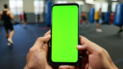 Green screen smartphone displaying fitness content while boxers training behind during gym workout