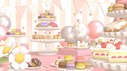 たくさんのスイーツが並ぶパーティ - ピンク背景