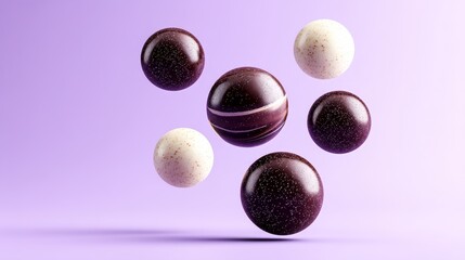 Stylish Floating Chocolate Spheres - Elegant chocolate spheres, swirling patterns, creamy texture, levitation, delicious treat. Symbolizing luxury, indulgence, artistry, sweetness, and perfection