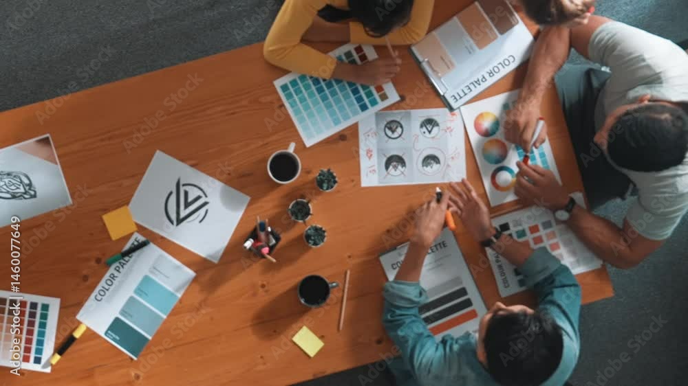 Aufkleber top down aerial view of designer looking at tablet while project manager choosing color palettes. to