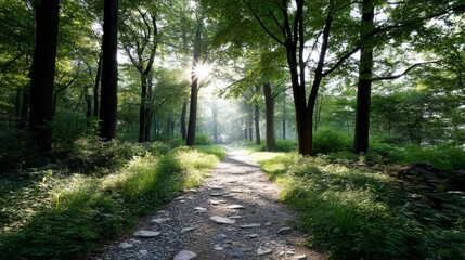 Obraz premium Sunlit Forest Path Serenity - A tranquil forest path bathed in sunlight, symbolizing peace, nature, journey, hope, and discovery