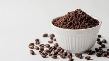 High Detailed Texture of Black Bean Powder in White Ceramic Bowl with Scattered Whole Beans for Natural Baking Ingredients