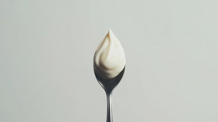 High quality food photography featuring a creamy white mayonnaise dollop on a stainless steel spoon on a pristine white background