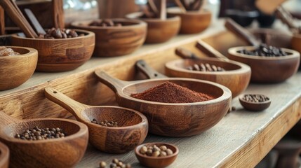 Wooden bowls filled with spices on rustic counter for culinary natural organic cooking seasoning background