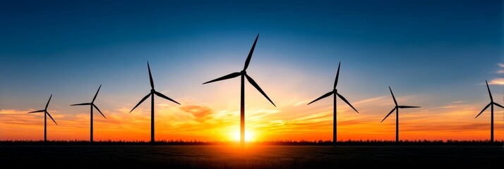 Fototapeta premium Sunset Wind Farm Energy - Silhouetted wind turbines stand tall against a vibrant sunset, showcasing clean energy production