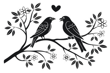 72 Black and white illustration, two love birds, heart symbol, stylized design, silhouette, minimalist, branch perch, symmetrical composition, romantic motif, graphic art, clean lines, simple shapes, 