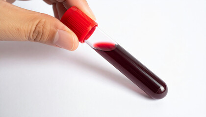 Hand holding laboratory tube with dark red liquid, blood collection for testing. Medicine healthcare