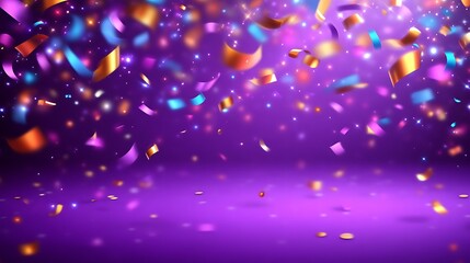 Colorful Confetti Falling Amidst Sparkling Particles Against Purple Background