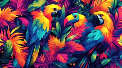 Fototapeta premium Vibrant Macaws and Tropical Foliage in Vivid Colors