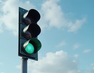 Traffic light shows green signal against blue sky with clouds. Transportation, safety, go ahead concept. Symbol of permitted movement, road traffic regulation. Road infrastructure element, urban