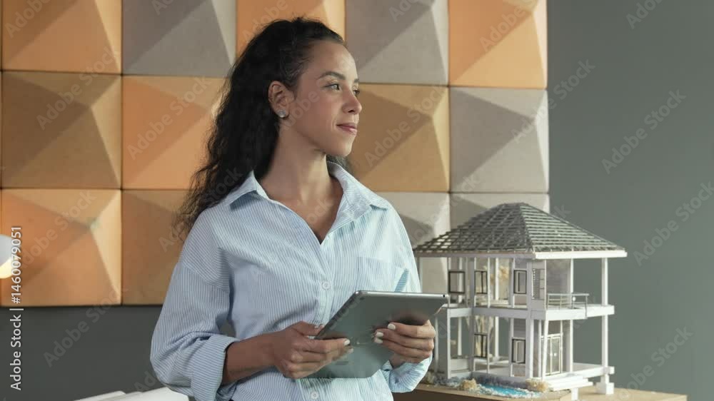 Poster young beautiful hispanic architect engineer analysis building construction by using tablet and check