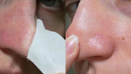 High resolution side-by-side macro of nose pore strip removal and visible skin refinement. Skincare concept ideal for beauty, dermatology, wellness and product demos.