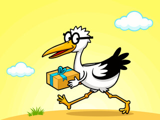 Cartoon stork carrying a gift box while running in a sunny sky  