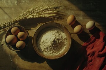 Fresh ingredients for baking.  Wheat, eggs, and flour ready for a recipe