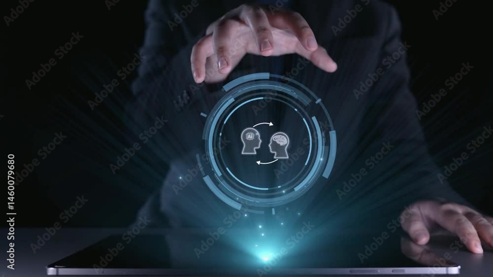 Poster human interact with ai artificial intelligence brain processor in concept of ai artificial intellige