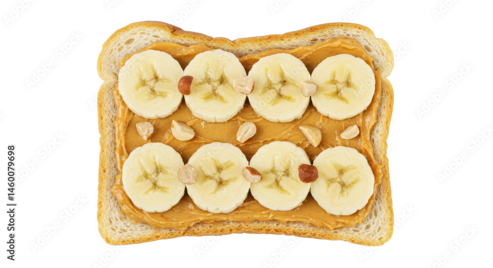 Poster overhead view of eight banana slices arranged in a plastic container with a brown colored substance 