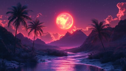 Tropical river at night, red moon, mountains, palm trees