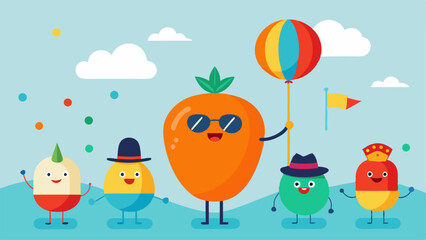 Fototapeta premium Talking Vegetables Parade A colorful scene showing an array of anthropomorphized vegetableslike a tomato wearing sunglasses and a carrot with a top hatmarching in a parade. Each