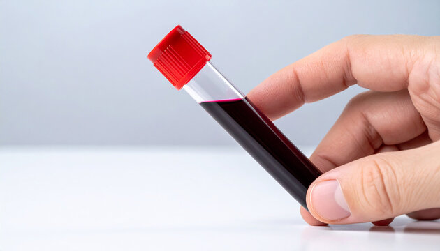 Hand holding laboratory tube with dark red liquid, blood collection for testing. Medicine healthcare