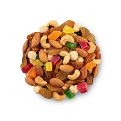 Mix of candied fruits and nuts isolated on white background
