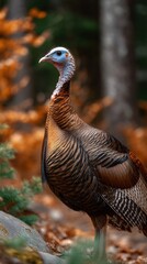 Fototapeta premium Close-up of a wild turkey in a natural forest habitat with colorful autumn foliage