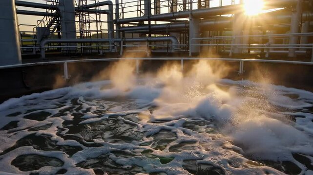 Operational rotating biological contactors processing wastewater, filtering liquid during golden sunset lighting at industrial treatment facility