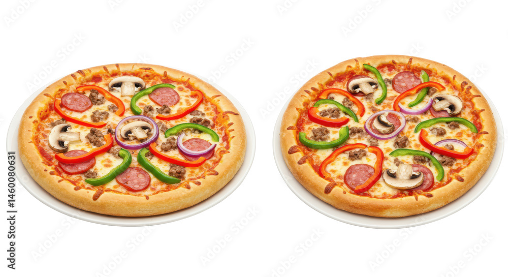 Poster two pizzas with various toppings including tomatoes peppers and mushrooms arranged side by side in a