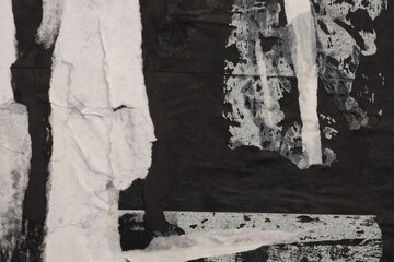Torn, ripped paper pieces wave crack collage. Black and white grunge copy space texture stain...