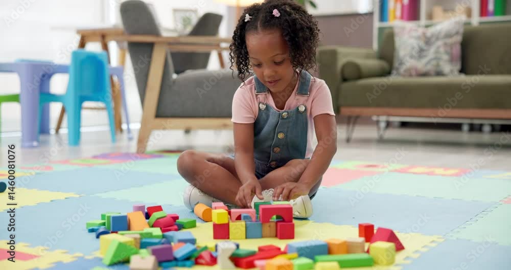 Aufkleber building blocks, playing and kid on floor in house for cognitive development or creativity. learning