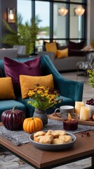 Fototapeta premium Autumn Still Life with Pumpkins, Cookies, Flowers, and Candles on Coffee Table