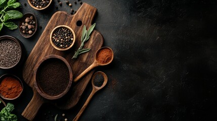 Various spices in wooden spoons on dark table for cooking food ingredients flavor aromatic organic culinary