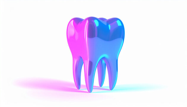High-tech dentist tooth symbol in hologram style digital neon effect, floating on white. Dental care