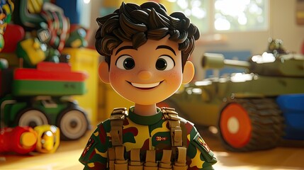 Animated boy in camouflage uniform, surrounded by toys in a playroom