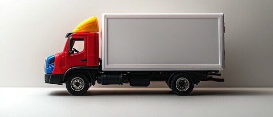 Side profile of a toy delivery truck, red and white, against a plain background