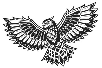 74 Stylized owl illustration, black and white, tribal art, symmetrical design, spread wings, intricate feather patterns, geometric shapes, bold lines, contrasting textures, fierce gaze, ornate details