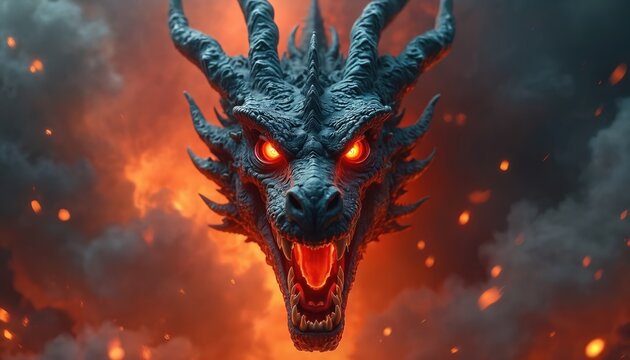 Fierce dragon head with glowing red eyes, open mouth, sharp teeth surrounded by fiery clouds, smoke. Fantasy art, concept illustration of mythological monster. Dark background, high details, ideal